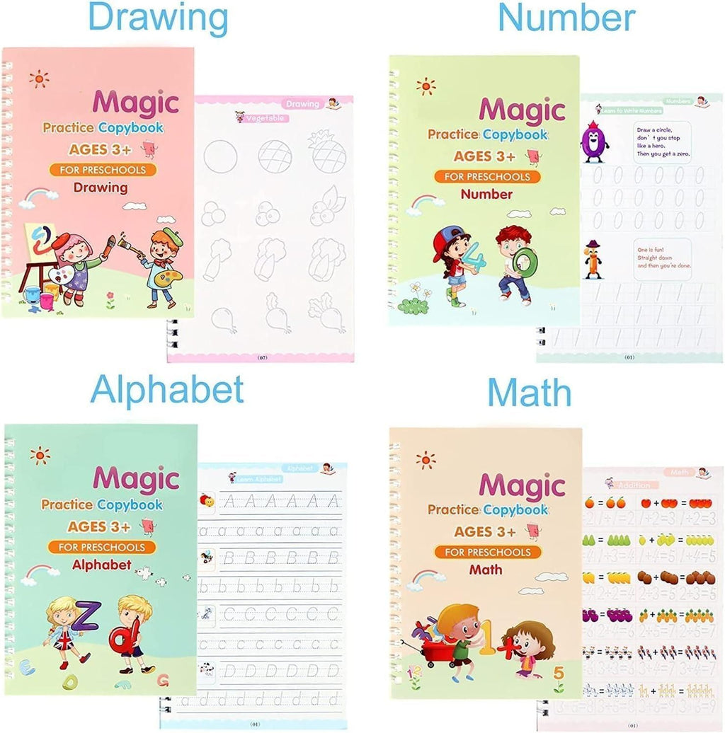 Magic Handwriting Practice Copybook Set for Kids (4 Books + Magic Pen)