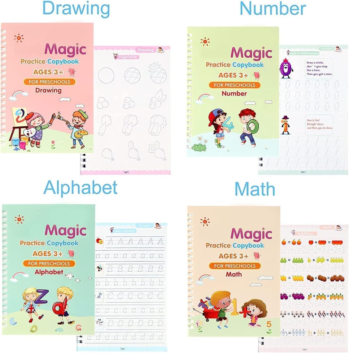 Magic Handwriting Practice Copybook Set for Kids (4 Books + Magic Pen)