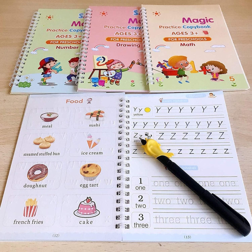 Magic Handwriting Practice Copybook Set for Kids (4 Books + Magic Pen)