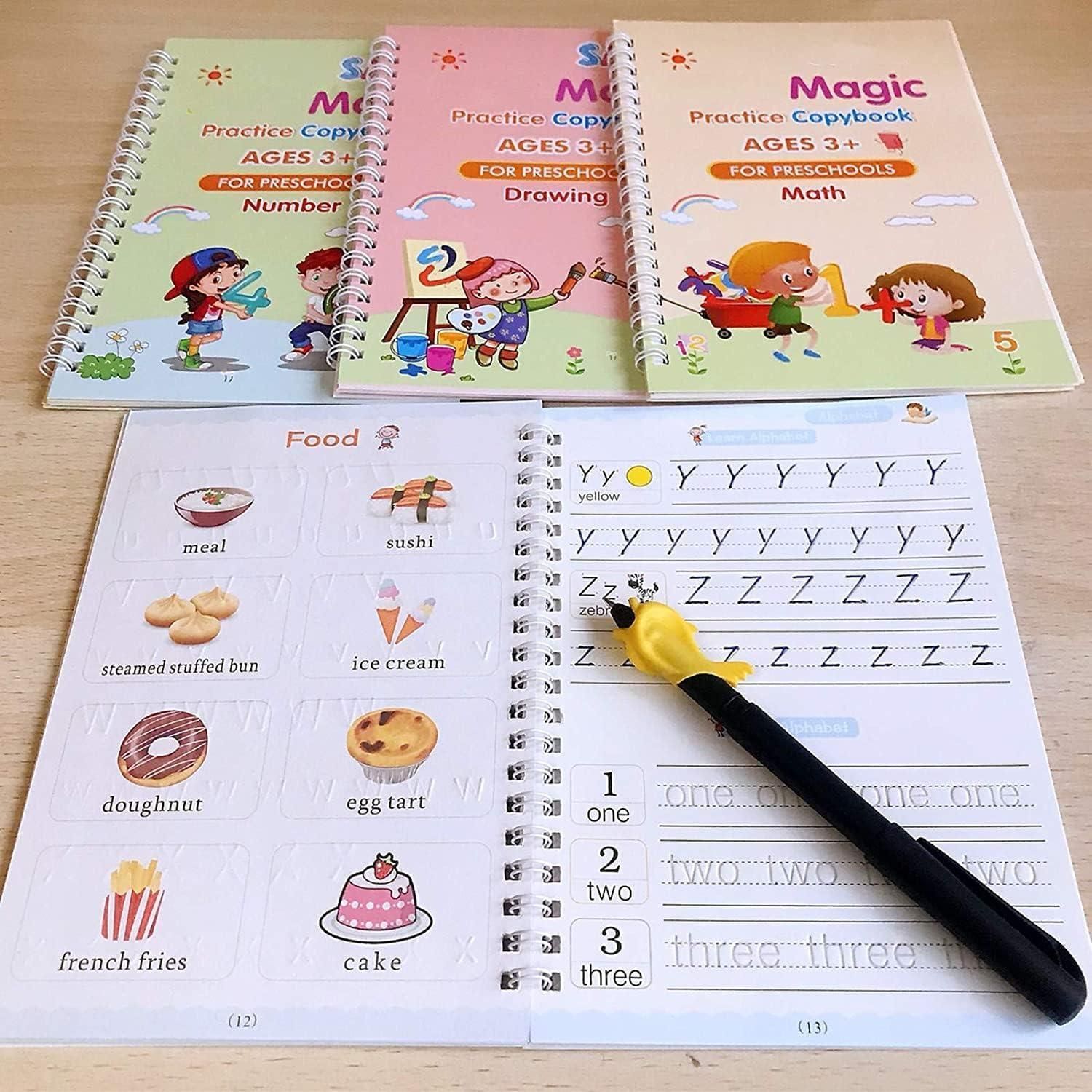 Magic Handwriting Practice Copybook Set for Kids (4 Books + Magic Pen)
