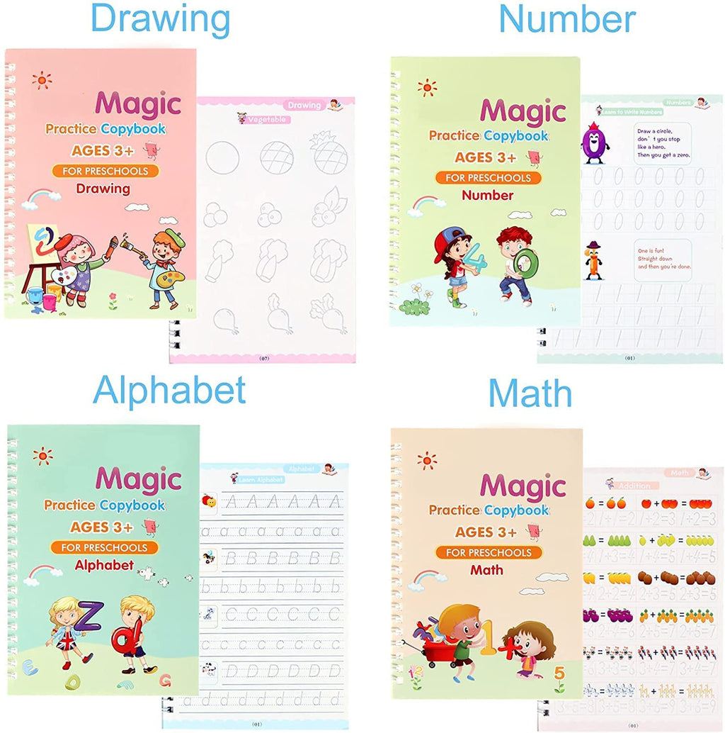 Magic Practice Copybook Set for Kids (4 Books + Pen + Refills)